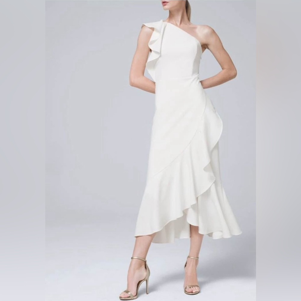 WHITE HOUSE BLACK MARKET off White asymmetrical ruffle dress NWT!!!